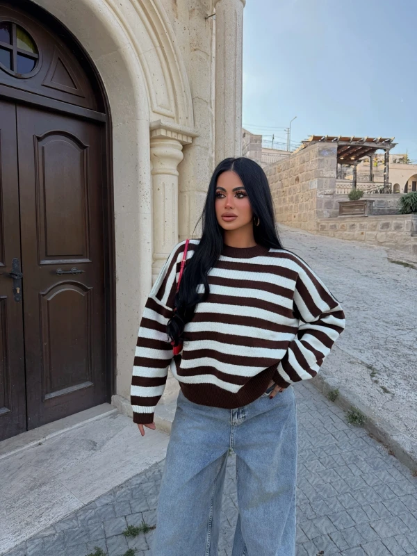Krem Miley Çizgili Oversize Kazak