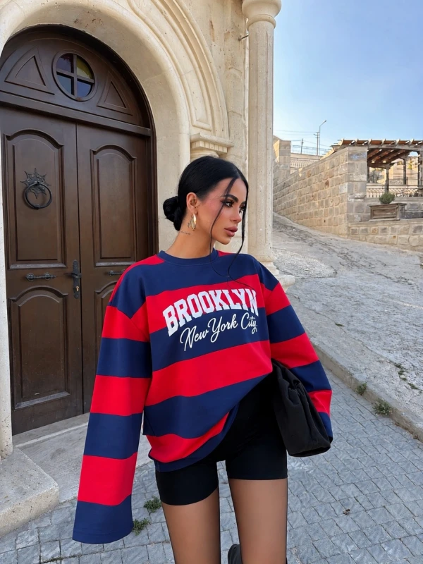 Lacivert Brooklyn Çizgili Sweat