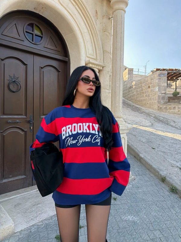 Lacivert Brooklyn Çizgili Sweat