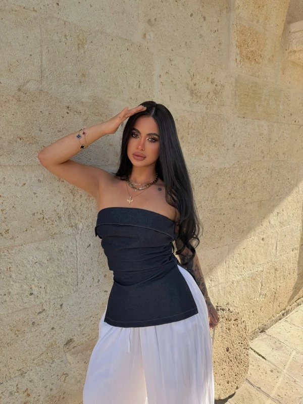 Lacivert Çift Yırtmaçlı Denim Straplez