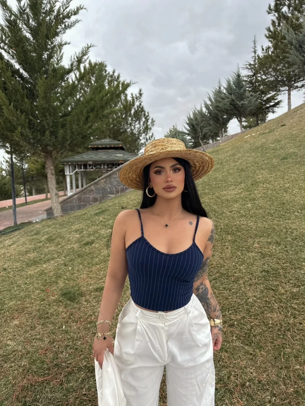 Lacivert İp Askılı Çizgili Büstiyer