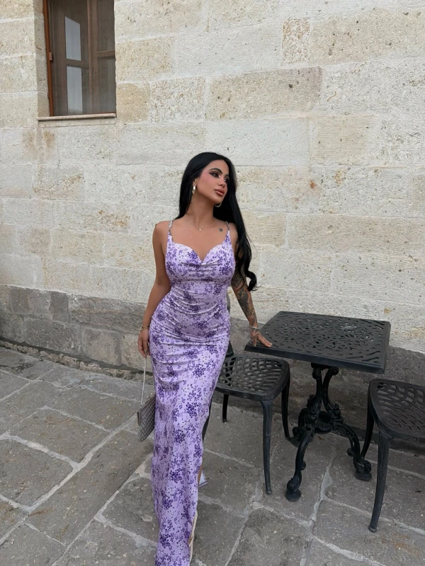 Lila Sırt Zincirli Flowers Elbise