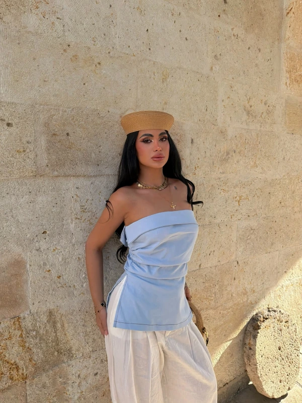 Mavi Çift Yırtmaçlı Denim Straplez