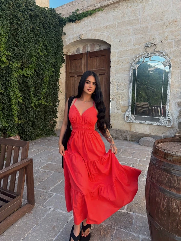 Nar Çiçeği Mirelle Askılı Keten Elbise