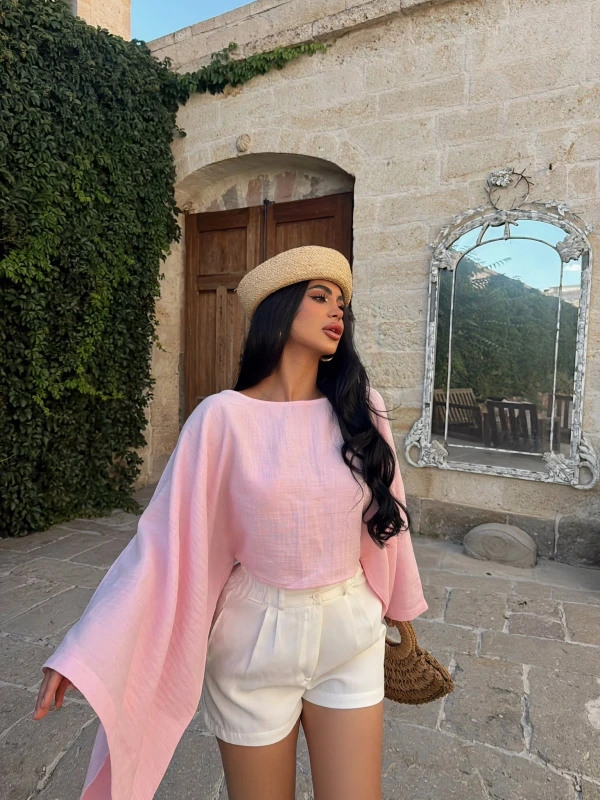 Pembe Balon Kollu Pelerin Bluz