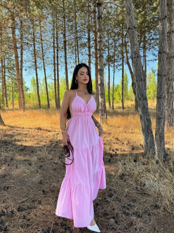 Pembe Askılı İnci Keten Elbise