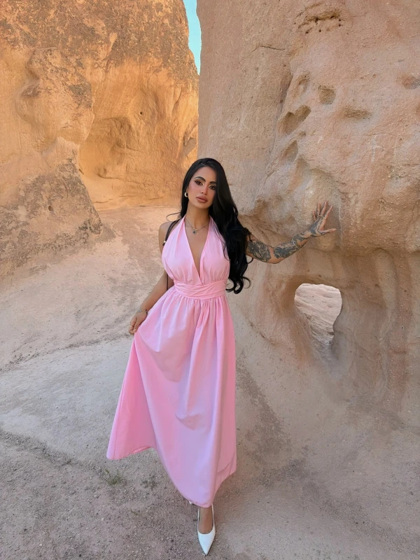 Pembe Boyundan Bağlamalı Poplin Elbise