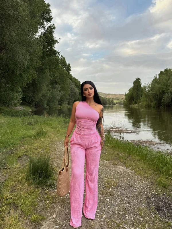 Pembe Gofre Tek Omuz İkili Takım