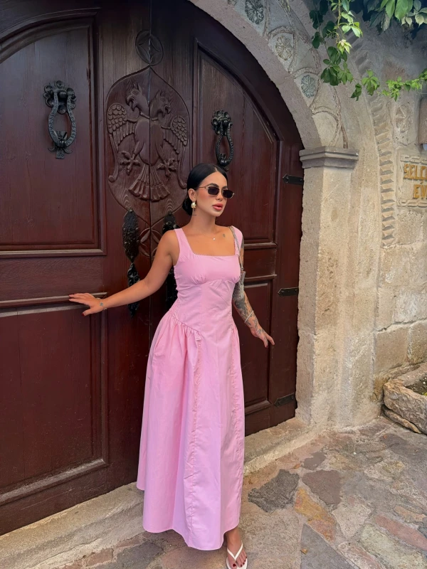 Pembe Kare Yaka Poplin Elbise