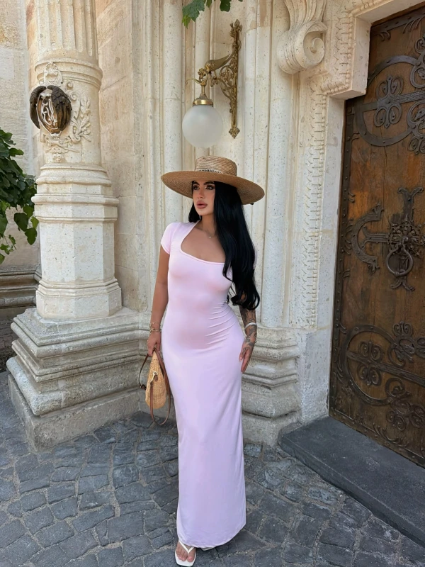 Pembe Kare Yaka Scuba Maxi Elbise