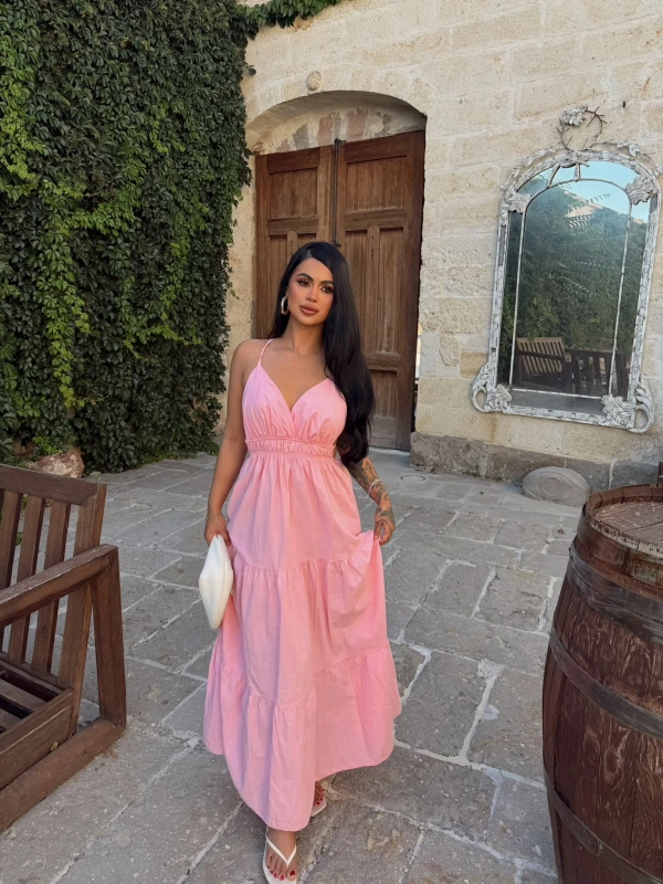 Pembe Mirelle Askılı Keten Elbise