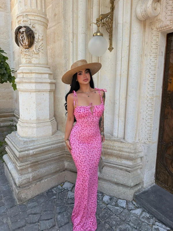 Pembe Omuz Bağcıklı Maxi Elbise