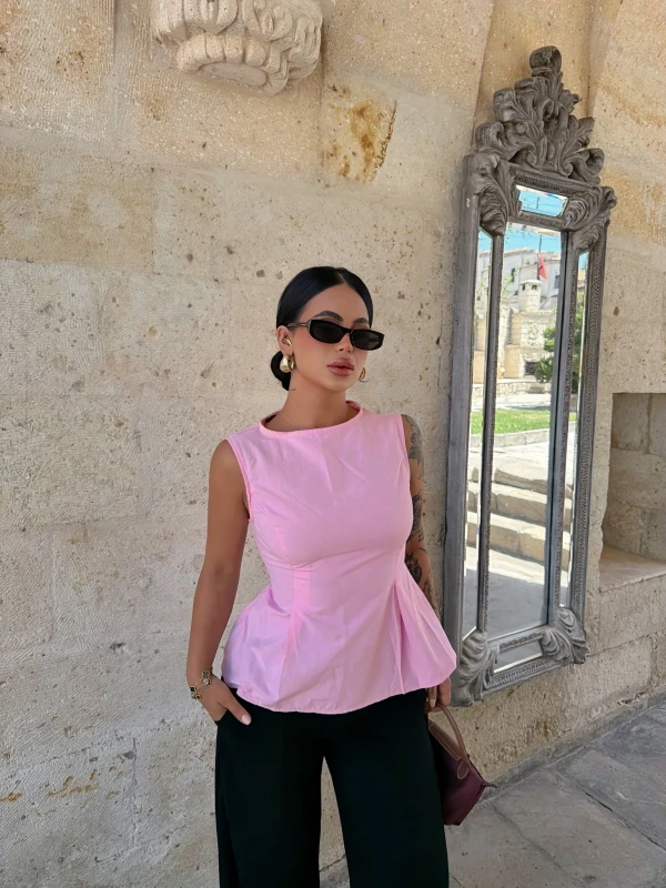 Pembe Sırt Bağcıklı Poplin Bluz