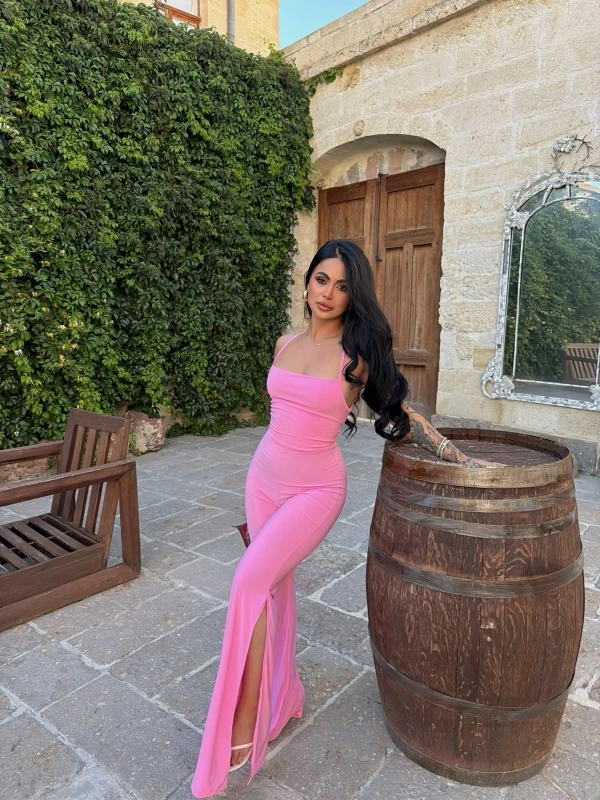 Pembe Sırt İpli Yırtmaçlı Tulum