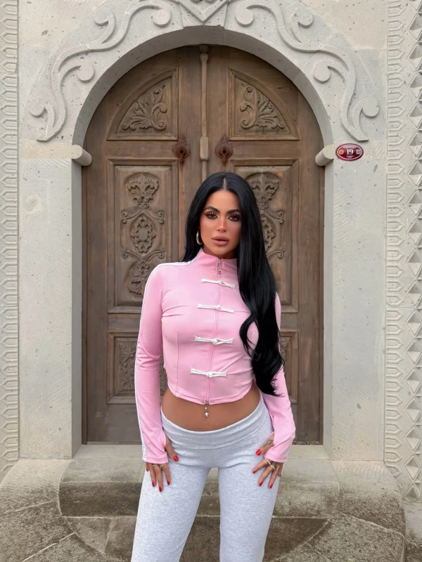Pembe Tokyo Şeritli Crop