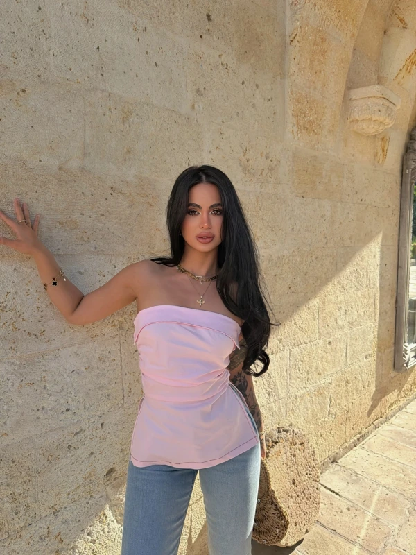 Pudra Çift Yırtmaçlı Denim Straplez