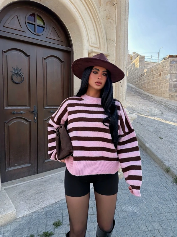 Pudra Miley Çizgili Oversize Kazak