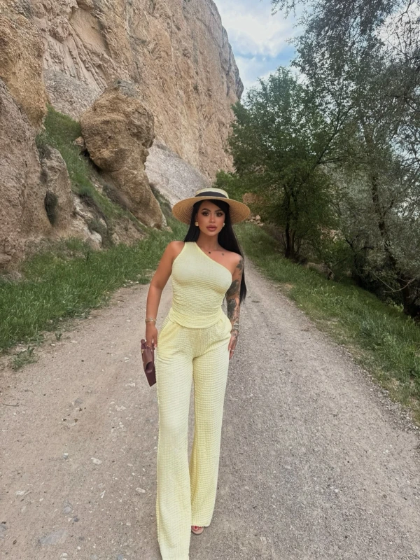 Sarı Gofre Tek Omuz İkili Takım