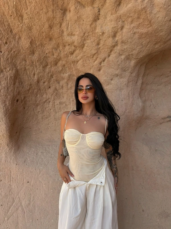Sarı İp Askılı Tül Bodysuit