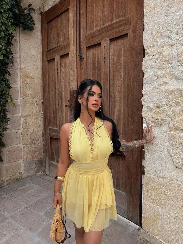 Sarı Maya Dantel Biyeli Elbise
