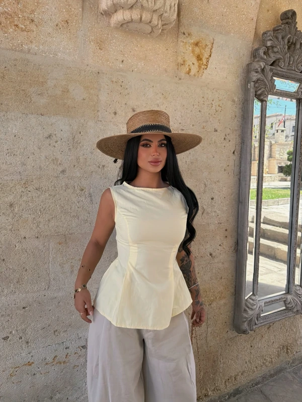 Sarı Sırt Bağcıklı Poplin Bluz