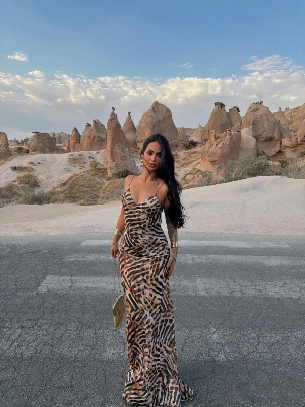 Sırt Dekolte Leopar Maxi Elbise