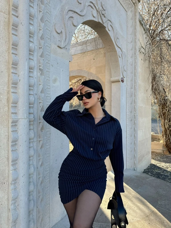 Lacivert Double Çizgili Gömlek Elbise