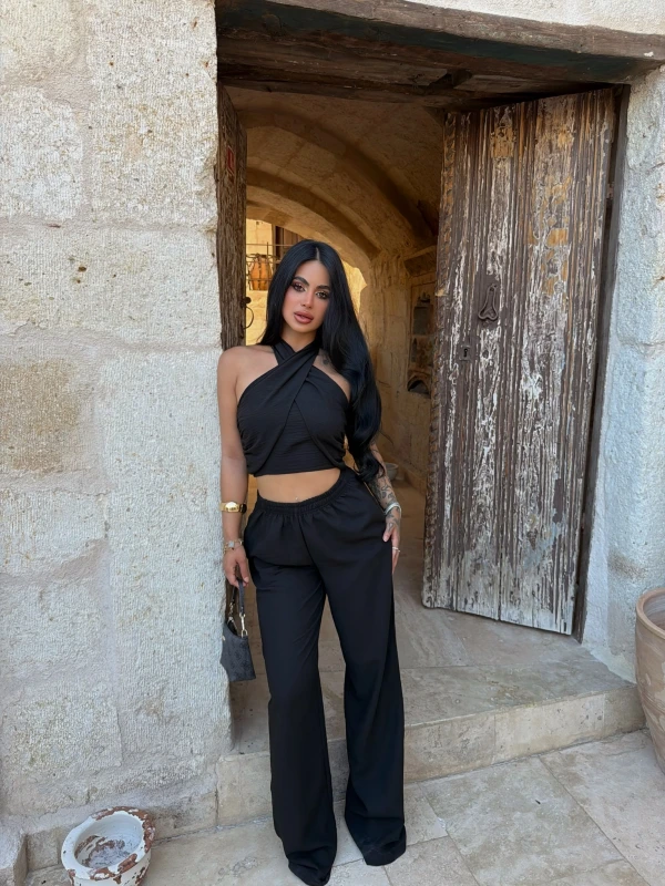 Siyah Elina Yaka Çapraz Keten Takım