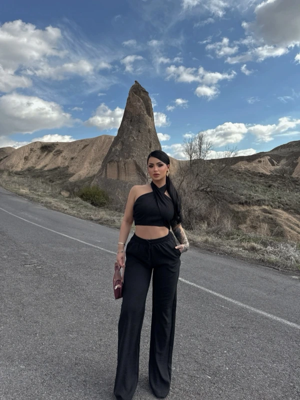 Siyah Elina Yaka Çapraz Keten Takım