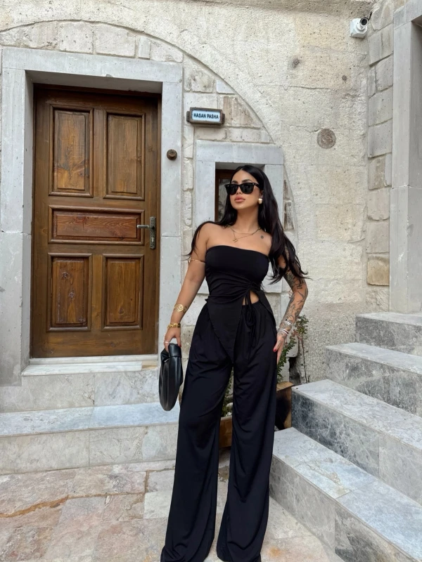 Siyah Eva Yan Büzgülü Straplez Takım