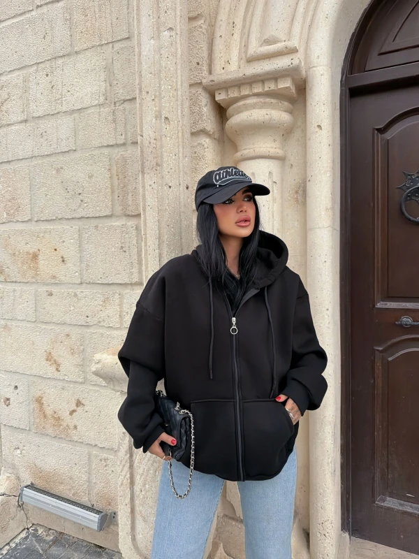 Siyah İçi Şardonlu Oversize Kapşonlu Hırka