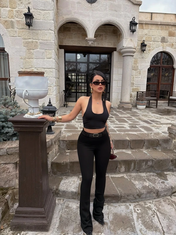 Siyah Kemerli Slim Flare Pantolon