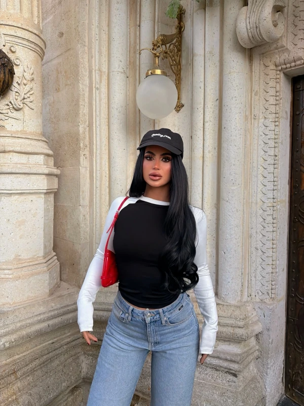 Siyah Kontrast Reglan Crop