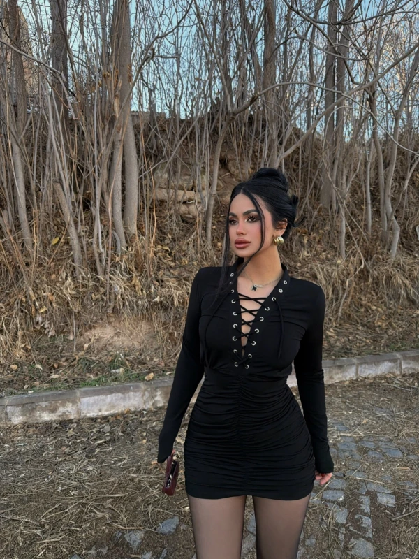 Siyah Kuşgözü Büzgülü Elbise