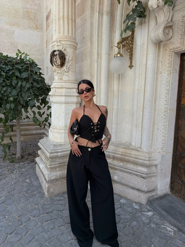 Siyah Kuşgözü Dokuma Lace Takım