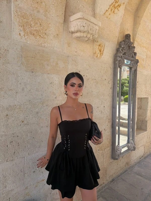 Siyah Liora Kuşgözü Korsaj Elbise