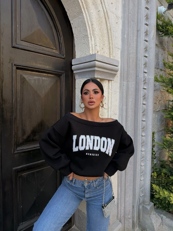 Siyah London Kayık Yaka Sweat