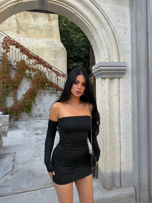 Siyah Madonna Taşlı Mini Elbise
