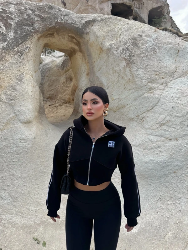 Siyah Nyc Korseli Fermuarlı Sweat