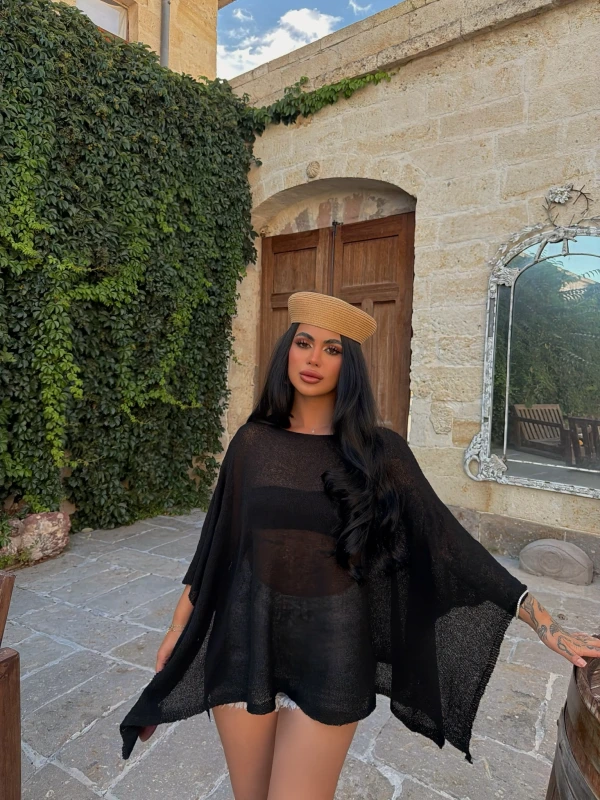 Siyah Oversize Batwing Triko Panço