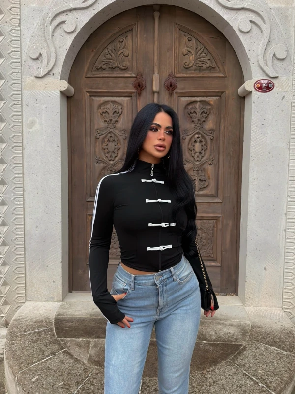 Siyah Tokyo Şeritli Crop