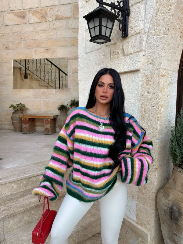 Yeşil Rainbow Çizgili Kazak