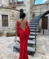 Kırmızı Sırt Büzgülü Long Elbise