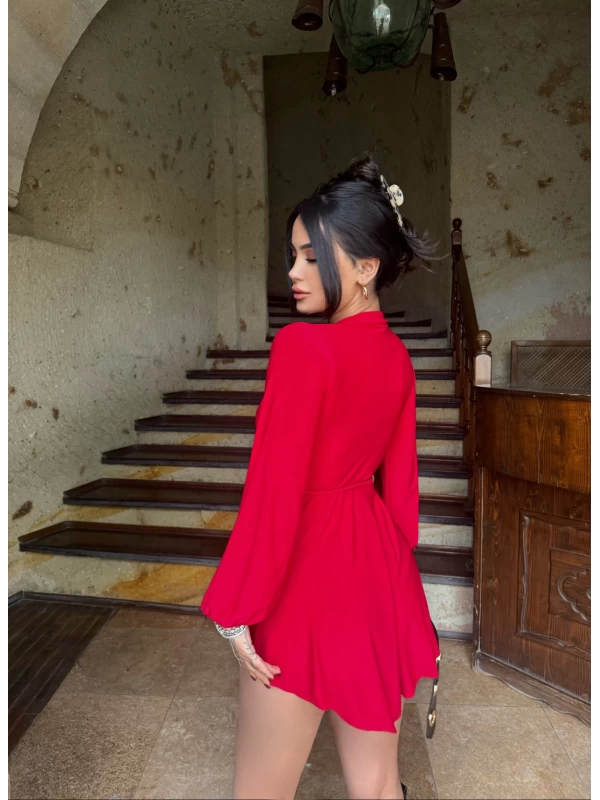Kırmızı Belden Bağlamalı Kiloş Elbise