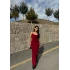 Bordo Askılı Degaje Yaka Elbise