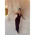 Kahve Boyun Aksesuarlı Degaje Elbise