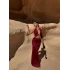 Bordo Göbeği Halkalı Maxi Elbise