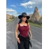 Bordo Göğüs Bağcıklı Biyeli Crop
