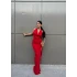 Kırmızı Yakası Degaje Maxi Elbise
