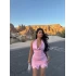 Pembe Eteği Fırfırlı Büzgülü Elbise